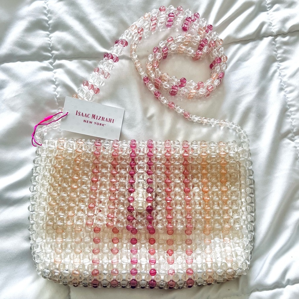 NWT $155 Isaac Mizrahi fully beaded Crossbody bag, beautifully detailed, white